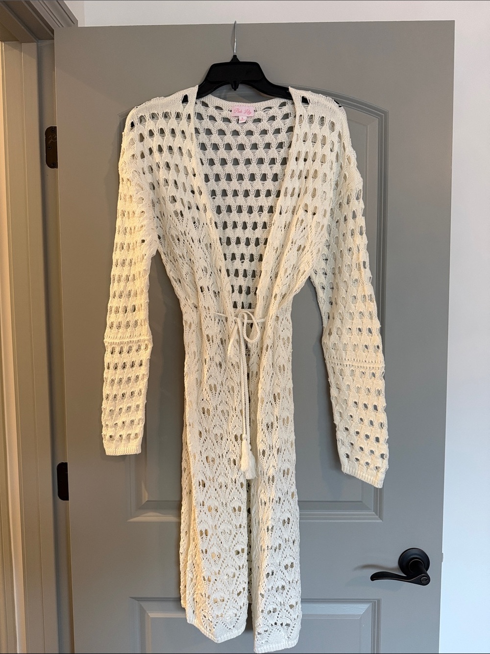 Pink Lily Cream Open-Knit Tie Waist swimsuit cover suit cover up